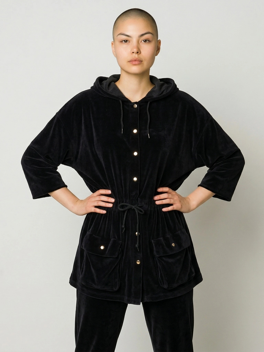 Black Hooded Velvet Drawstring Jacket